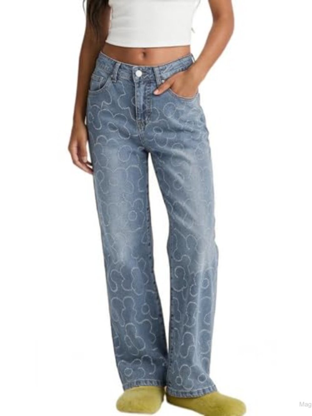 Wide Leg Jeans High Waist Straight Leg Floral Cotton Blend Stretch Baggy Denim